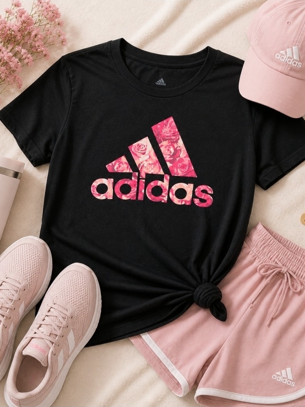 Adidas Black Tee with Pink Floral Logo